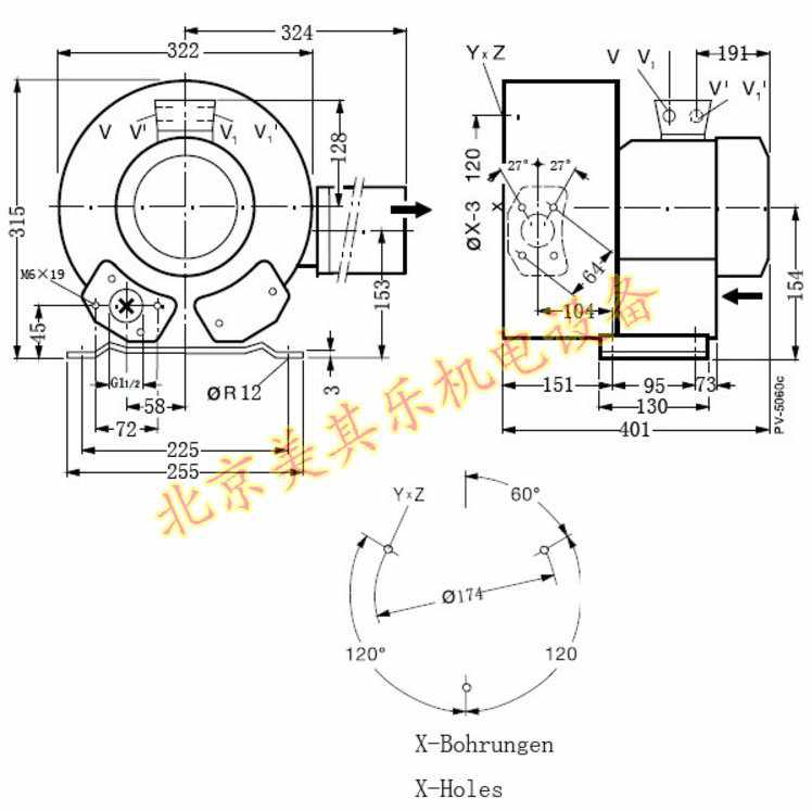 2GH420/2.2kw双段高压鼓风机CAD尺寸图